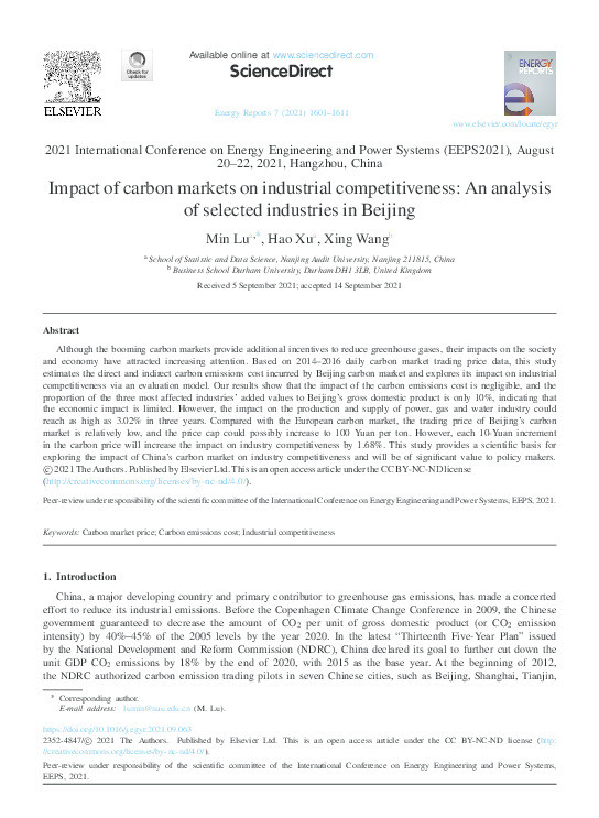 Impact of carbon markets on industrial competitiveness: An analysis of selected industries in Beijing Thumbnail