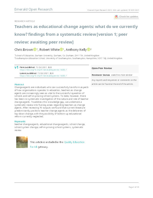 Teachers as educational change agents: what do we currently know? findings from a systematic review Thumbnail