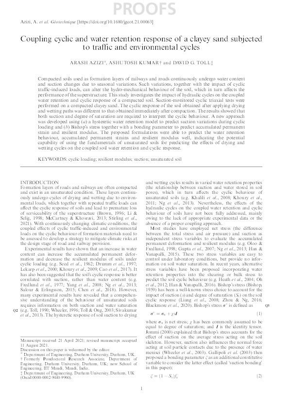 Coupling cyclic and water retention response of a clayey sand subjected to traffic and environmental cycles Thumbnail