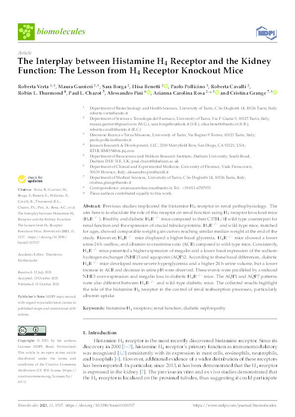 The Interplay between Histamine H4 Receptor and the Kidney Function: The Lesson from H4 Receptor Knockout Mice Thumbnail