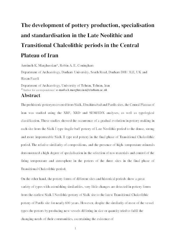 The development of pottery production, specialisation and standardisation in the Late Neolithic and Transitional Chalcolithic periods in the Central Plateau of Iran Thumbnail