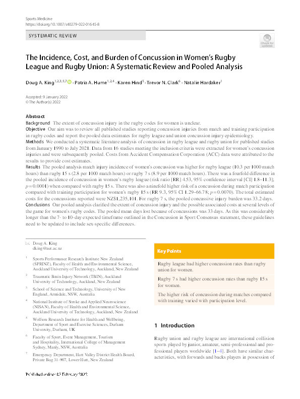 The incidence, cost, and burden of concussion in women’s rugby league and rugby union: A systematic review and pooled analysis Thumbnail
