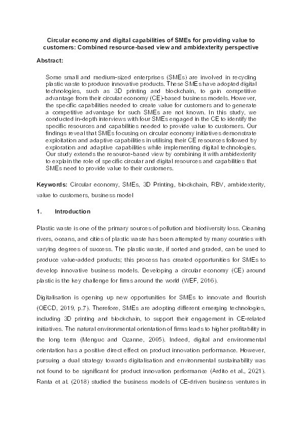 Circular economy and digital capabilities of SMEs for providing value to customers: Combined Resource-Based View and ambidexterity perspective Thumbnail