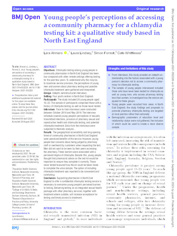 Young people’s perceptions of accessing a community pharmacy for a chlamydia testing kit: a qualitative study based in North East England Thumbnail