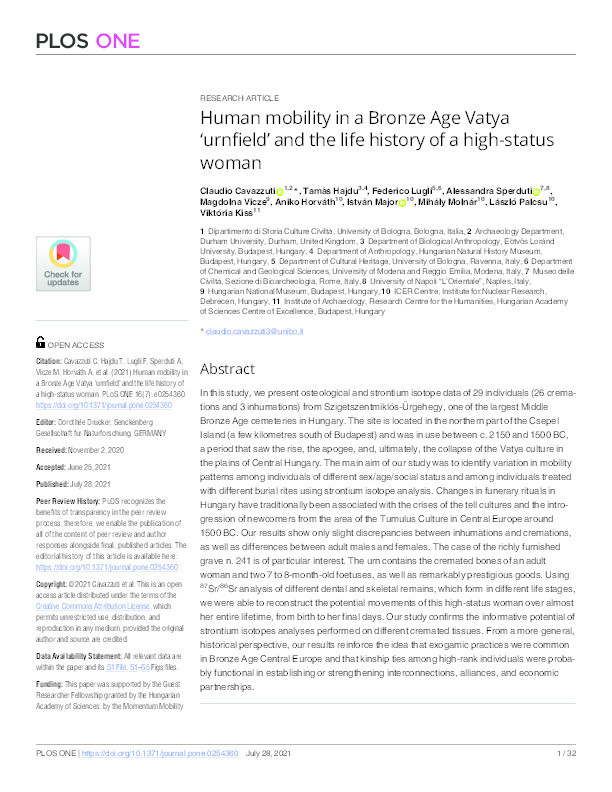 Human mobility in a Bronze Age Vatya ‘urnfield’ and the life history of a high-status woman Thumbnail