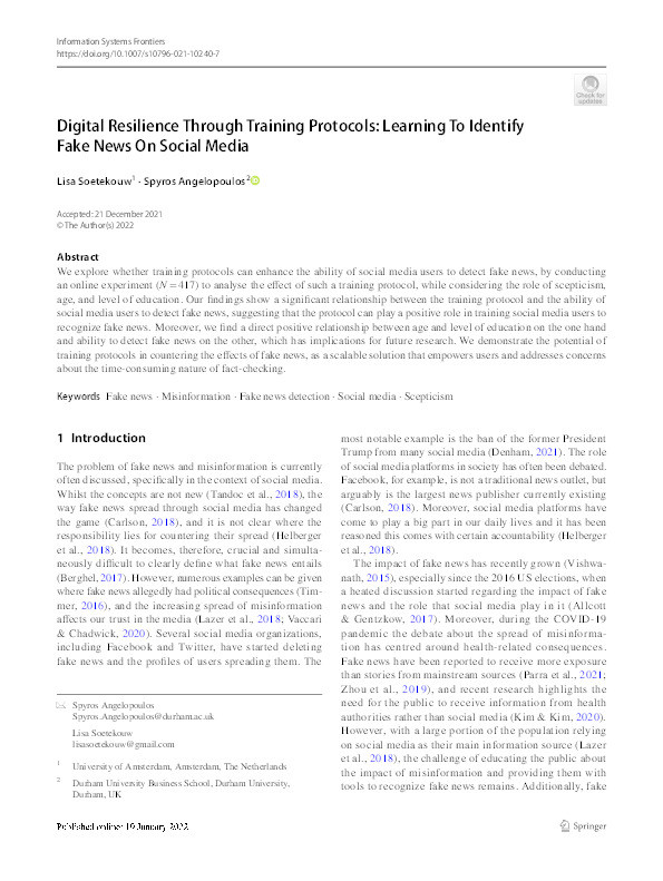 Digital Resilience through Training Protocols: Identifying Fake News on Social Media Thumbnail