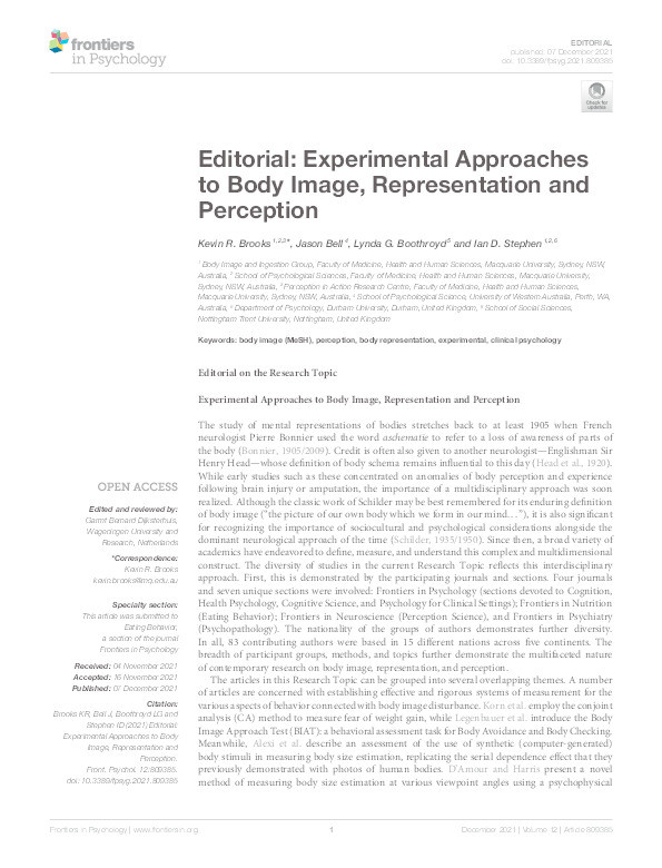 Editorial: Experimental Approaches to Body Image, Representation and Perception Thumbnail