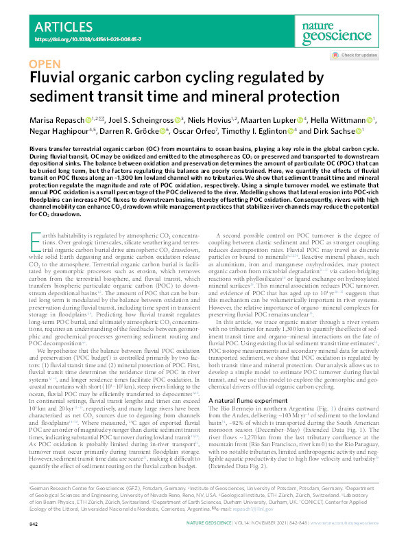 Fluvial organic carbon cycling regulated by sediment transit time and mineral protection Thumbnail