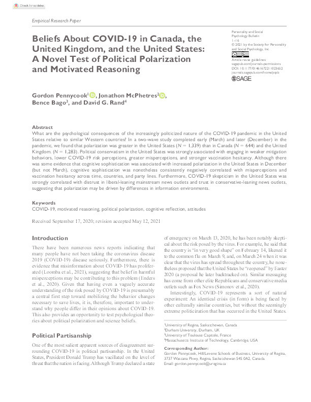 Beliefs About COVID-19 in Canada, the United Kingdom, and the United States: A Novel Test of Political Polarization and Motivated Reasoning Thumbnail
