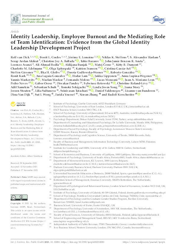 Identity Leadership, Employee Burnout and the Mediating Role of Team Identification: Evidence from the Global Identity Leadership Development Project Thumbnail
