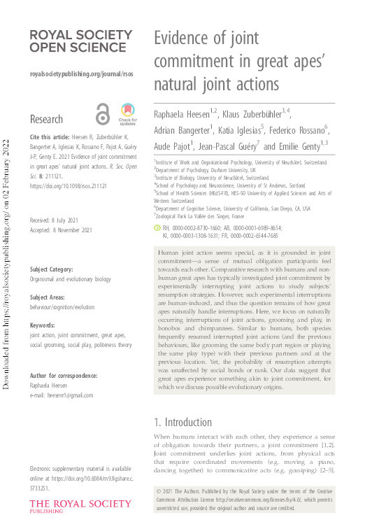 Evidence of joint commitment in great apes’ natural joint actions Thumbnail