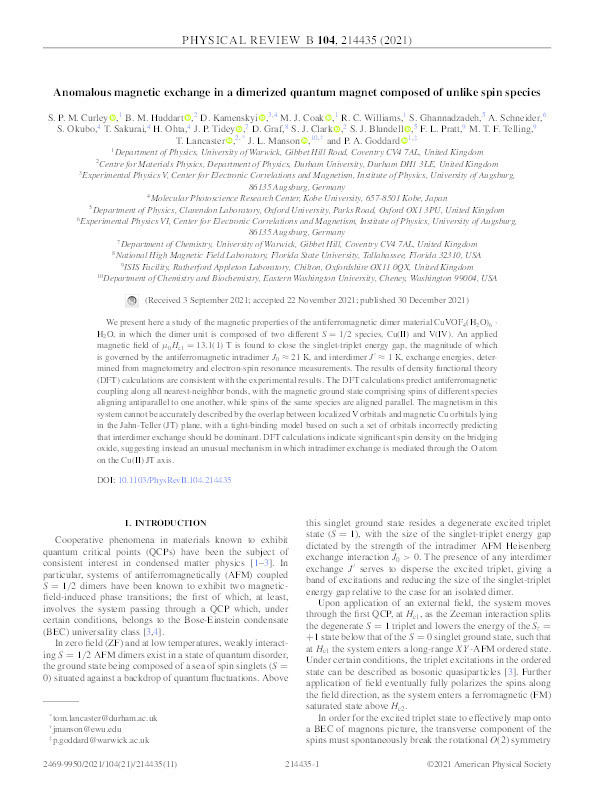 Anomalous magnetic exchange in a dimerized quantum magnet composed of unlike spin species Thumbnail