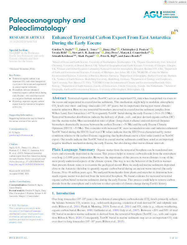 Enhanced terrestrial carbon export from East Antarctica during the early Eocene Thumbnail