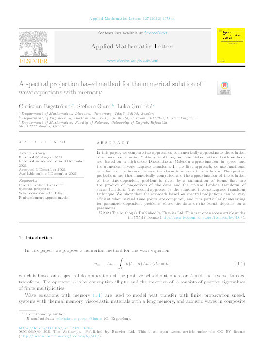 A spectral projection based method for the numerical solution of wave equations with memory Thumbnail