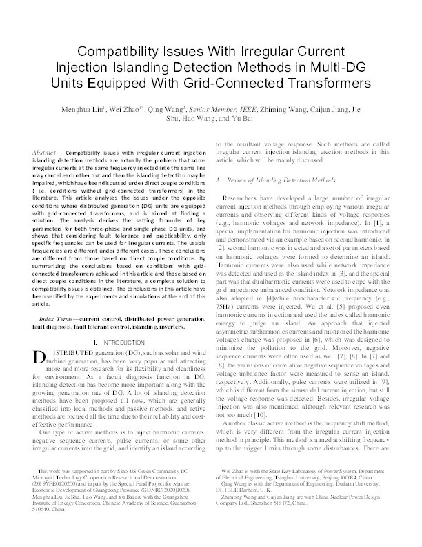 Compatibility Issues With Irregular Current Injection Islanding Detection Methods in Multi-DG Units Equipped With Grid-Connected Transformers Thumbnail