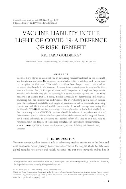 Vaccine Liability in the Light of Covid-19: A defence of risk-benefit Thumbnail
