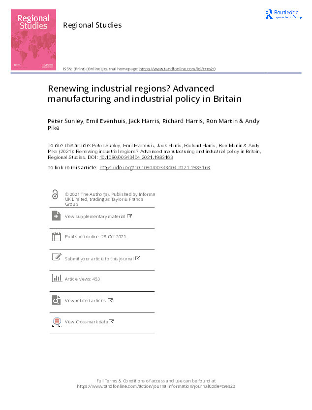 Renewing industrial regions? Advanced manufacturing and industrial policy in Britain Thumbnail