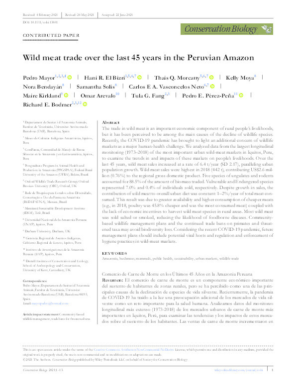 Wild meat trade over the last 45 years in the Peruvian Amazon Thumbnail