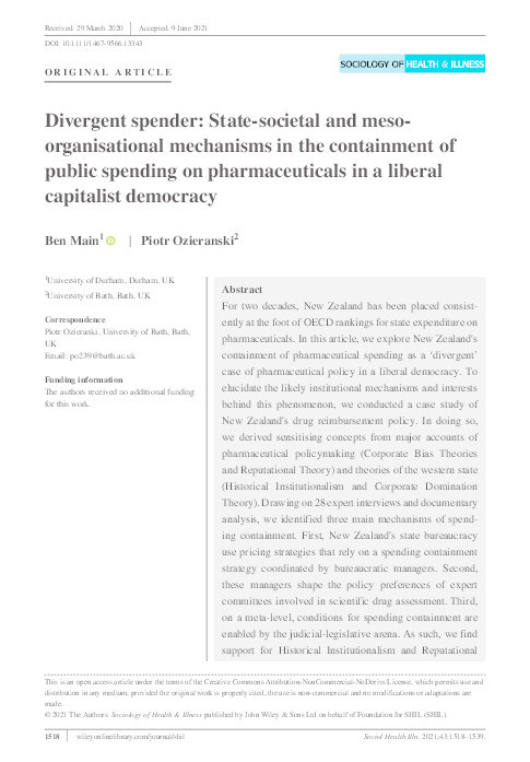 Divergent spender: State‐societal and meso‐organisational mechanisms in the containment of public spending on pharmaceuticals in a liberal capitalist democracy Thumbnail
