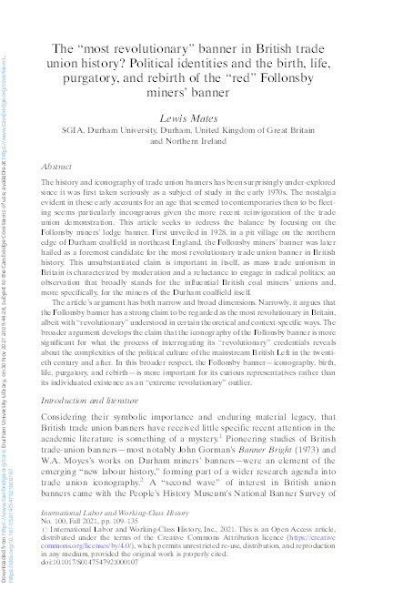 The “most revolutionary” banner in British trade union history? Political identities and the birth, life, purgatory, and rebirth of the “red” Follonsby miners’ banner Thumbnail