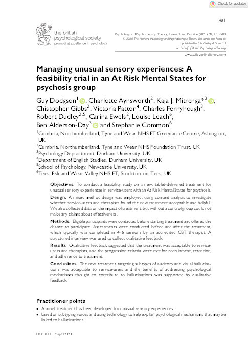 Managing unusual sensory experiences: A feasibility trial in an At Risk Mental States for psychosis group Thumbnail