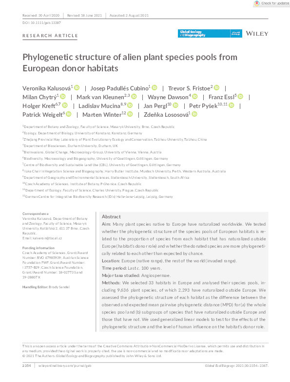 Phylogenetic structure of alien plant species pools from European donor habitats Thumbnail