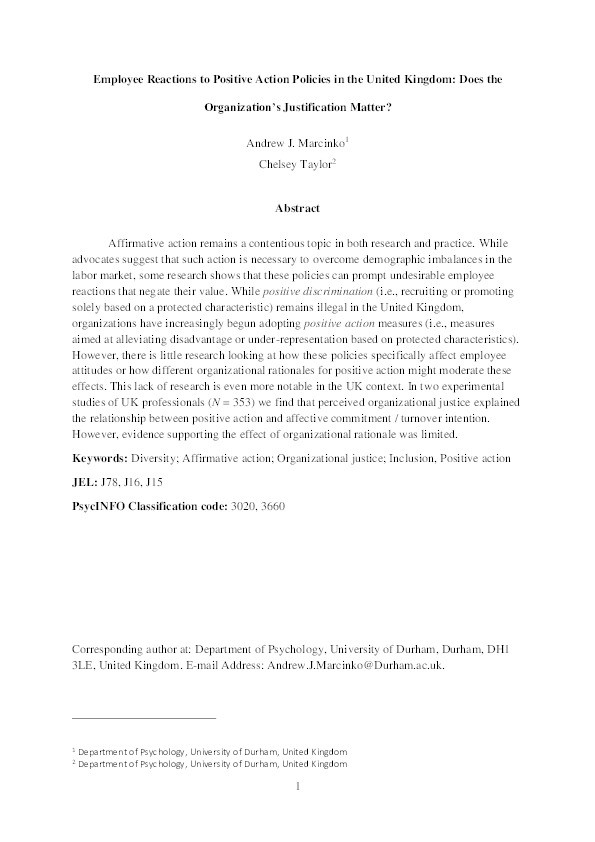 Employee reactions to positive action policies in the United Kingdom: Does the organization’s justification matter? Thumbnail