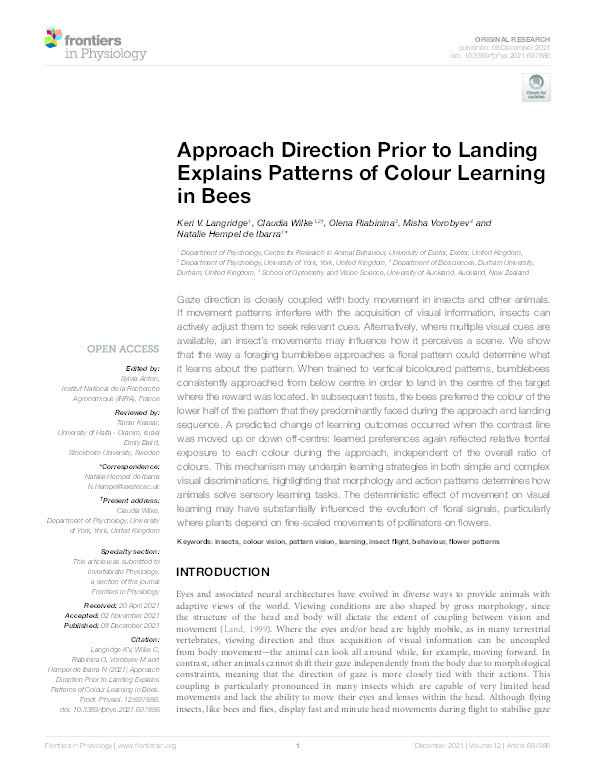 Approach Direction Prior to Landing Explains Patterns of Colour Learning in Bees Thumbnail