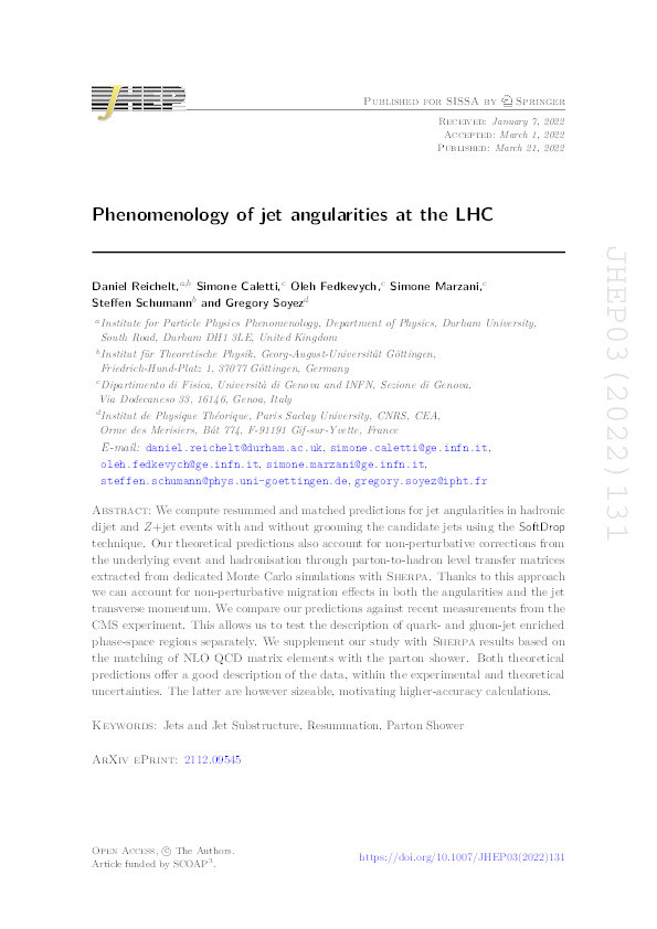 Phenomenology of jet angularities at the LHC Thumbnail
