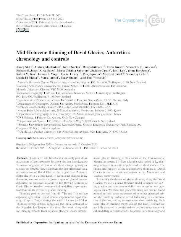 Mid-Holocene thinning of David Glacier, Antarctica: chronology and controls Thumbnail