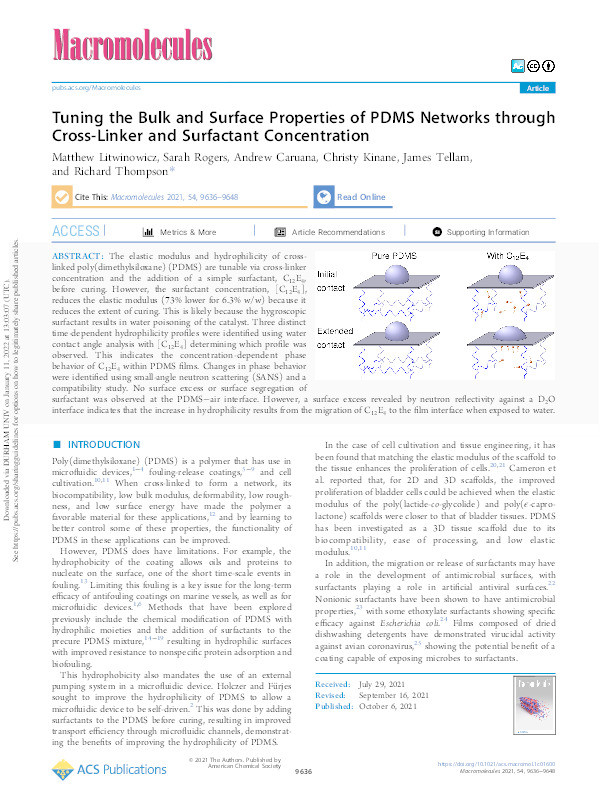 Tuning the Bulk and Surface Properties of PDMS Networks through Cross-Linker and Surfactant Concentration Thumbnail