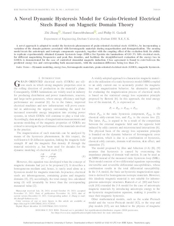 A Novel Dynamic Hysteresis Model for Grain-Oriented Electrical Steels Based on Magnetic Domain Theory Thumbnail