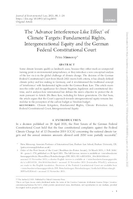 The Advance Interference-Like Effect of Climate Targets: Fundamental Rights, Intergenerational Equity and the German Federal Constitutional Court Thumbnail