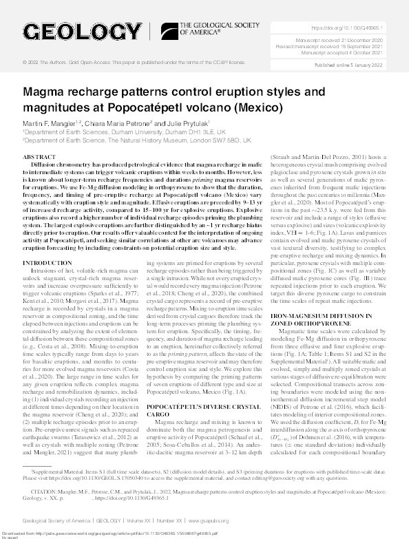 Magma recharge patterns control eruption styles and magnitudes at Popocatépetl volcano (Mexico) Thumbnail