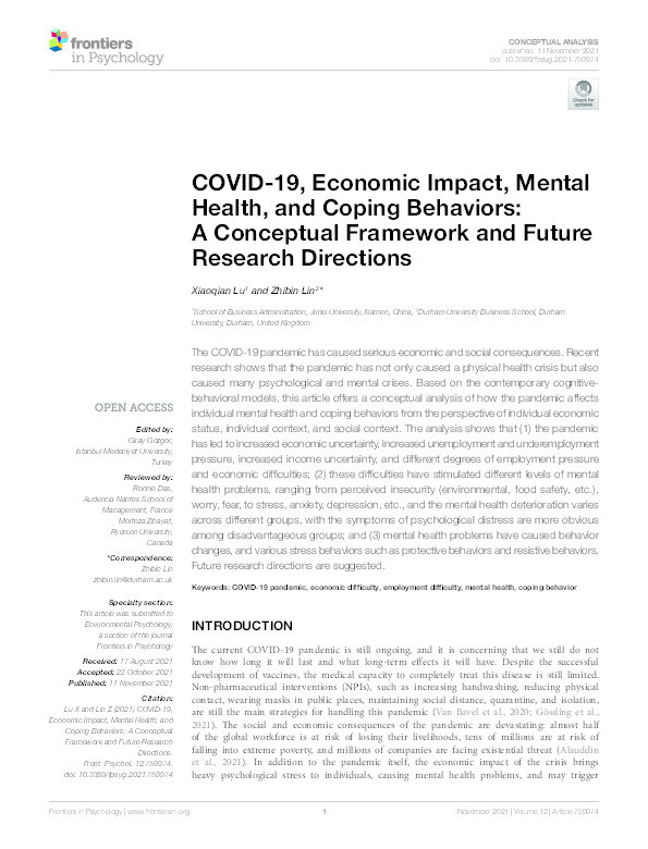 COVID-19, economic impact, mental health and coping behaviors: A conceptual framework and future research directions Thumbnail