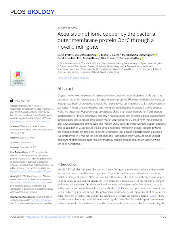 Acquisition of ionic copper by the bacterial outer membrane protein OprC through a novel binding site Thumbnail