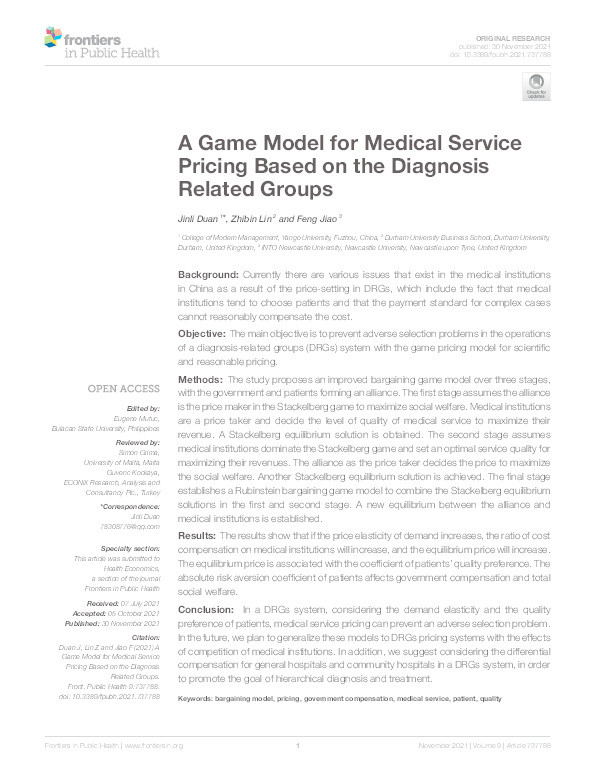 A Game Model for Medical Service Pricing Based on the Diagnosis Related Groups Thumbnail