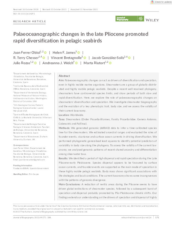 Palaeoceanographic changes in the late Pliocene promoted rapid diversification in pelagic seabirds Thumbnail