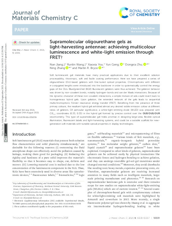 Supramolecular oligourethane gels as light-harvesting antennae: achieving multicolour luminescence and white-light emission through FRET Thumbnail