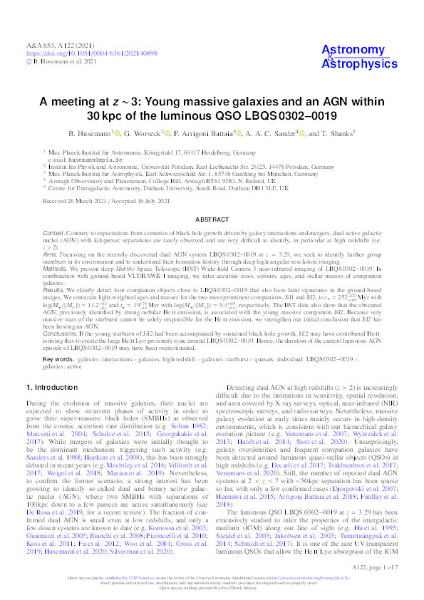 A meeting at z ∼ 3: Young massive galaxies and an AGN within 30 kpc of the luminous QSO LBQS 0302–0019 Thumbnail