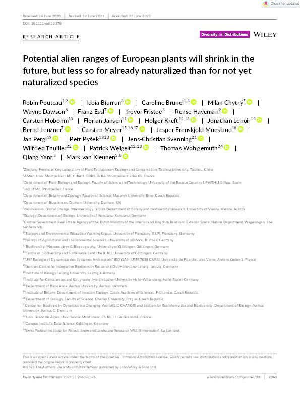 Potential alien ranges of European plants will shrink in the future, but less so for already naturalized than for not yet naturalized species Thumbnail