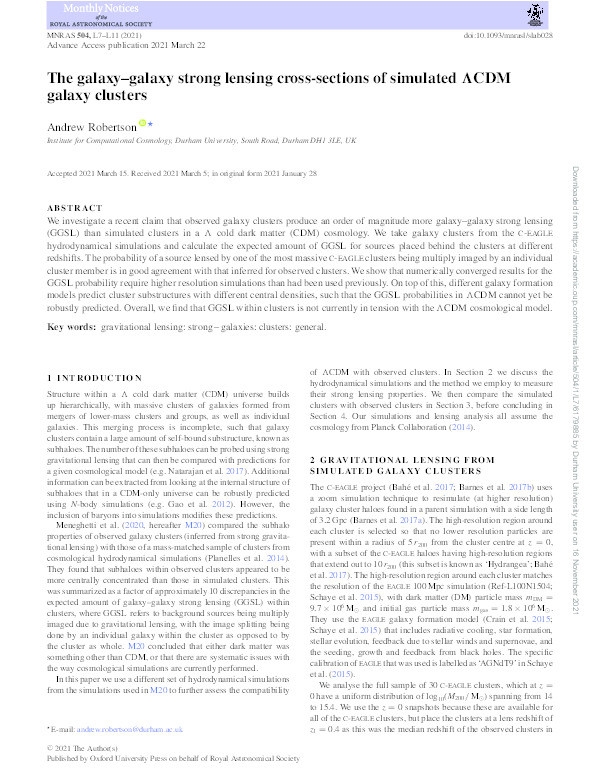 The galaxy–galaxy strong lensing cross-sections of simulated ΛCDM galaxy clusters Thumbnail