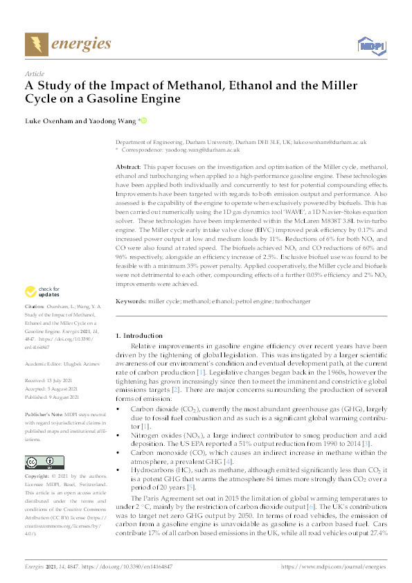 A Study of the Impact of Methanol, Ethanol and the Miller Cycle on a Gasoline Engine Thumbnail
