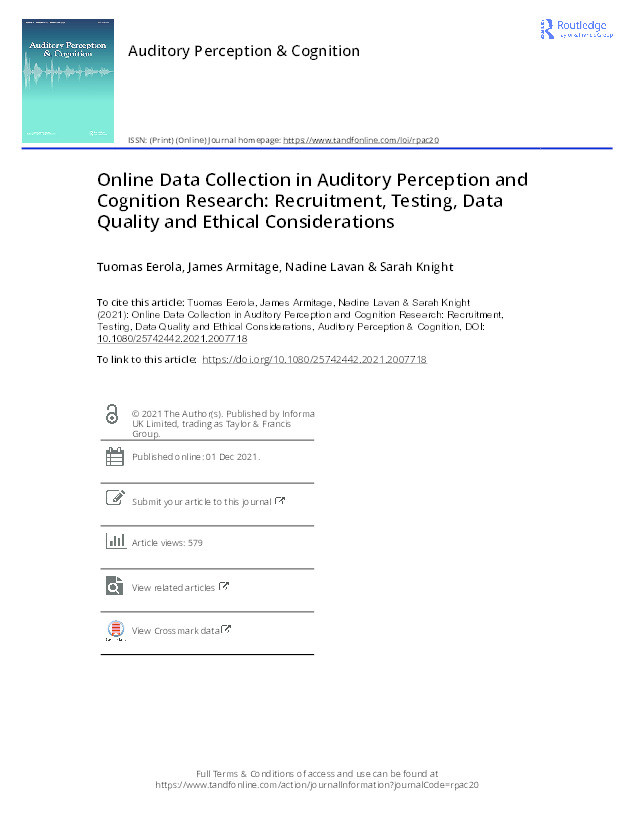 Online Data Collection in Auditory Perception and Cognition Research: Recruitment, Testing, Data Quality and Ethical Considerations Thumbnail