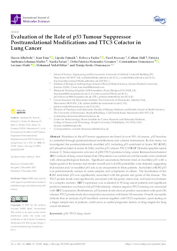 Evaluation of the role of p53 tumor suppressor post-translational modifications and TTC5 cofactor in lung cancer Thumbnail