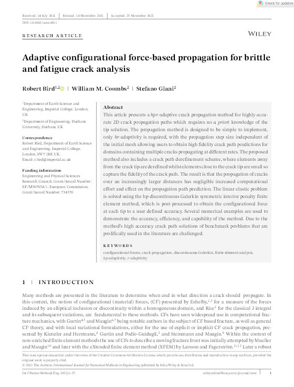 Adaptive Configurational Force-based crack propagation for brittle and fatigue analysis Thumbnail