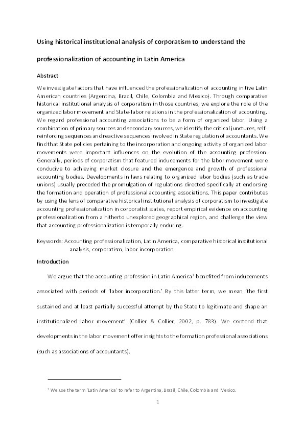 Using historical institutional analysis of corporatism to understand the professionalization of accounting in Latin America Thumbnail
