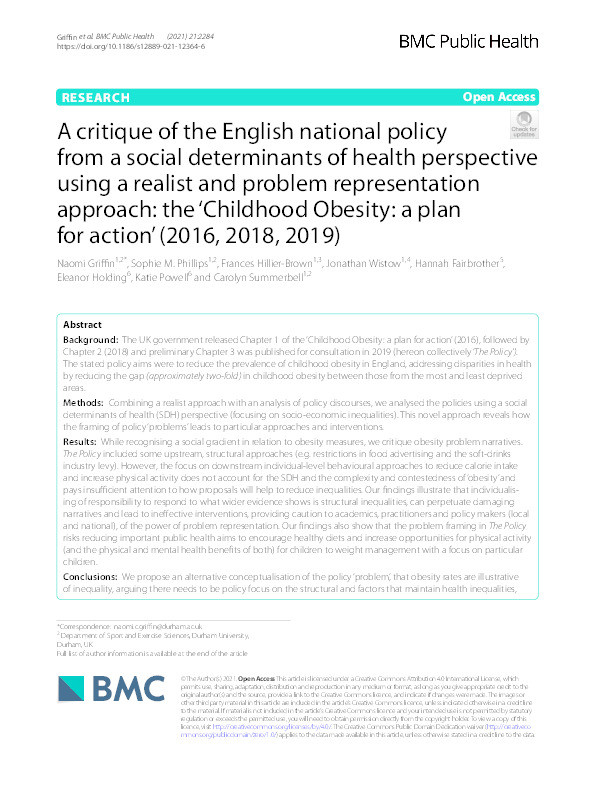 A critique of the English national policy from a social determinants of health perspective using a realist and problem representation approach: the ‘Childhood Obesity: a plan for action’ (2016, 2018, 2019) Thumbnail