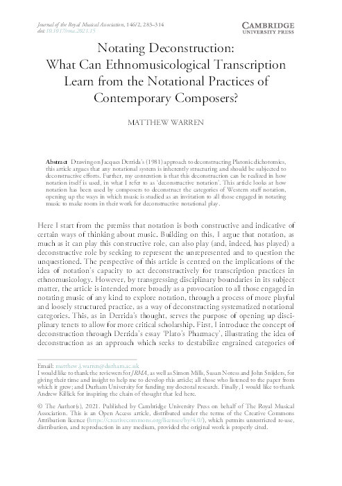 Notating Deconstruction: What Can Ethnomusicological Transcription Learn from the Notational Practices of Contemporary Composers? Thumbnail