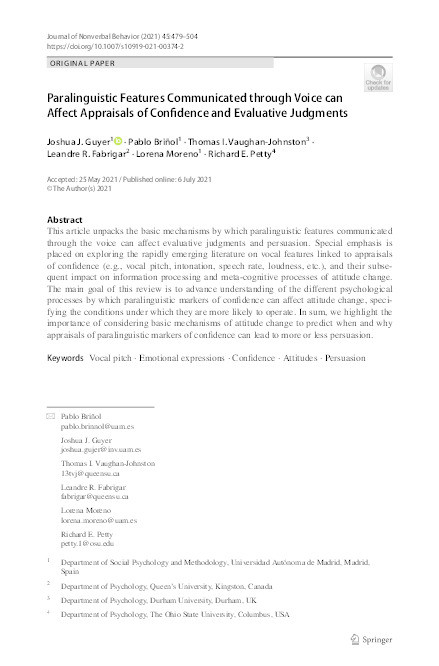 Paralinguistic Features Communicated through Voice can Affect Appraisals of Confidence and Evaluative Judgments Thumbnail